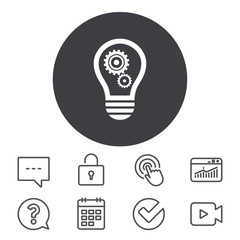 Light lamp sign icon. Bulb with gears and cogs symbol. Idea symbol. Calendar, Locker and Speech bubble line signs. Video camera, Statistics and Question icons. Vector