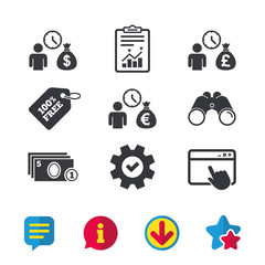 Bank loans icons. Cash money bag symbols. Borrow money sign. Get Dollar money fast. Browser window, Report and Service signs. Binoculars, Information and Download icons. Stars and Chat. Vector