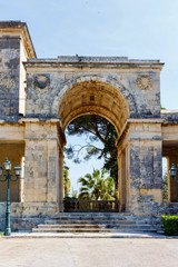 Ancient arch shaped bulding in Greece, Corfu. Daylight photo. Palace of St. Michael and St. George