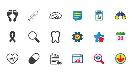 Medicine, medical health and diagnosis icons. Syringe injection, heartbeat and pills signs. Tooth, neurology symbols. Calendar, Report and Download signs. Stars, Service and Search icons. Vector