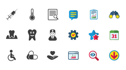 Medicine, medical health and diagnosis icons. Capsules, syringe and doctor signs. Tooth parodontosis, disabled person symbols. Calendar, Report and Download signs. Stars, Service and Search icons