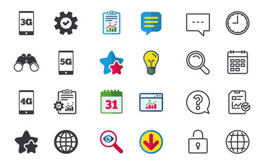Mobile telecommunications icons. 3G, 4G and 5G technology symbols. World globe sign. Chat, Report and Calendar signs. Stars, Statistics and Download icons. Question, Clock and Globe. Vector