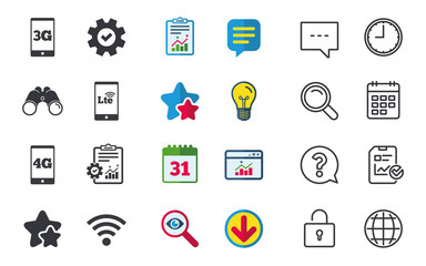 Mobile telecommunications icons. 3G, 4G and LTE technology symbols. Wi-fi Wireless and Long-Term evolution signs. Chat, Report and Calendar signs. Stars, Statistics and Download icons. Vector