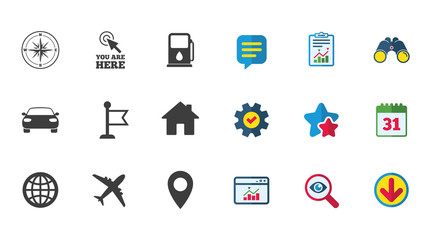 Navigation, gps icons. Windrose, compass and map pointer signs. Car, airplane and flag symbols. Calendar, Report and Download signs. Stars, Service and Search icons. Statistics, Binoculars and Chat