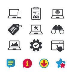 Notebook laptop pc icons. Internet globe sign. Repair fix service symbol. Monitoring graph chart. Browser window, Report and Service signs. Binoculars, Information and Download icons. Stars and Chat