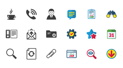 Office, documents and business icons. Coffee, phone call and businessman signs. Safety pin, magnifier and mail symbols. Calendar, Report and Download signs. Stars, Service and Search icons. Vector