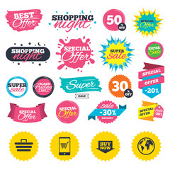 Obraz premium Sale shopping banners. Online shopping icons. Smartphone, shopping cart, buy now arrow and internet signs. WWW globe symbol. Web badges, splash and stickers. Best offer. Vector