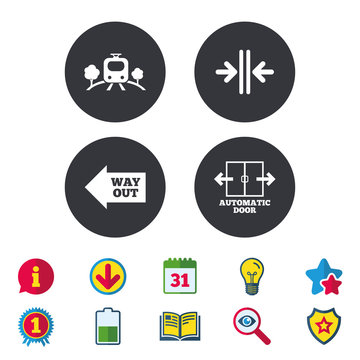 Train railway icon. Overground transport. Automatic door symbol. Way out arrow sign. Calendar, Information and Download signs. Stars, Award and Book icons. Light bulb, Shield and Search. Vector