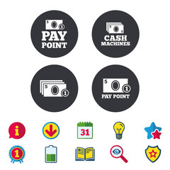 Cash and coin icons. Cash machines or ATM signs. Pay point or Withdrawal symbols. Calendar, Information and Download signs. Stars, Award and Book icons. Light bulb, Shield and Search. Vector