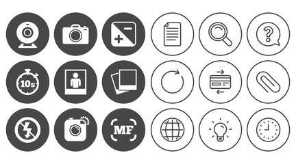 Photo, video icons. Web camera, photos and frame signs. No flash, timer and portrait symbols. Document, Globe and Clock line signs. Lamp, Magnifier and Paper clip icons. Vector