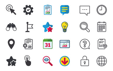 Mouse cursor icon. Hand or Flag pointer symbols. Map location marker sign. Chat, Report and Calendar signs. Stars, Statistics and Download icons. Question, Clock and Globe. Vector
