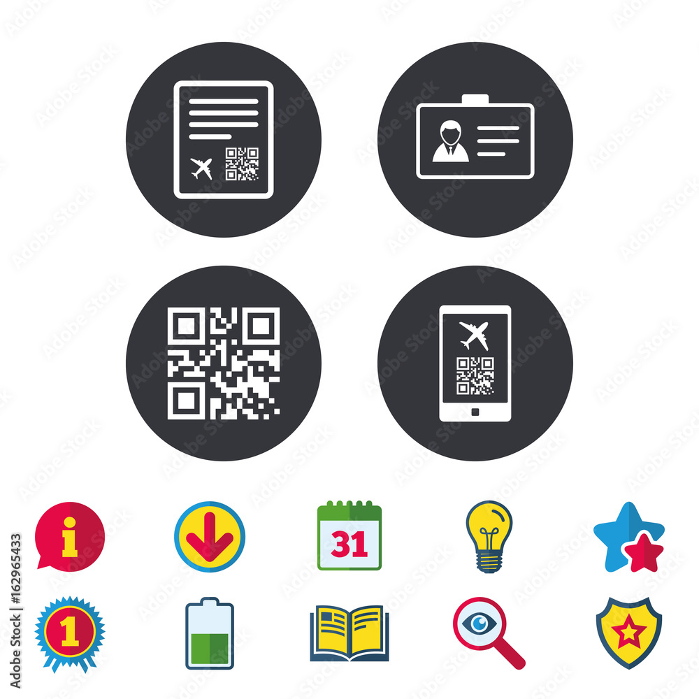 Poster qr scan code in smartphone icon. boarding pass flight sign. identity id card badge symbol. calendar,