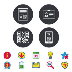 QR scan code in smartphone icon. Boarding pass flight sign. Identity ID card badge symbol. Calendar, Information and Download signs. Stars, Award and Book icons. Light bulb, Shield and Search. Vector