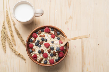 Healthy breakfast ingredients on wood table, Healthy food concept