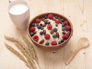 Healthy breakfast ingredients on wood table, Healthy food concept