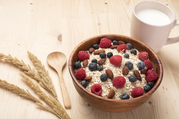 Healthy breakfast ingredients on wood table, Healthy food concept