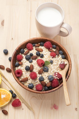Healthy breakfast ingredients on wood table, Healthy food concept
