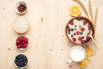 Healthy breakfast ingredients on wood table, Healthy food concept