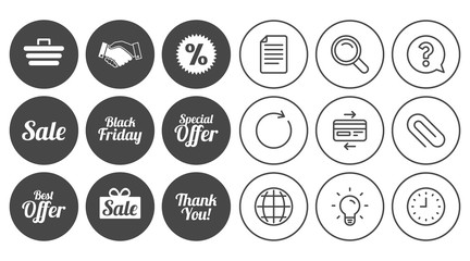 Sale discounts icon. Shopping, handshake and black friday signs. Special offer symbols. Document, Globe and Clock line signs. Lamp, Magnifier and Paper clip icons. Question, Credit card and Refresh
