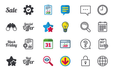 Sale icons. Best special offer symbols. Black friday sign. Chat, Report and Calendar signs. Stars, Statistics and Download icons. Question, Clock and Globe. Vector