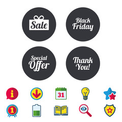 Sale icons. Special offer and thank you symbols. Gift box sign. Calendar, Information and Download signs. Stars, Award and Book icons. Light bulb, Shield and Search. Vector
