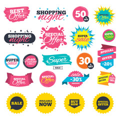 Obraz premium Sale shopping banners. Sale icons. Special offer speech bubbles symbols. Buy now arrow shopping signs. Available now. Web badges, splash and stickers. Best offer. Vector