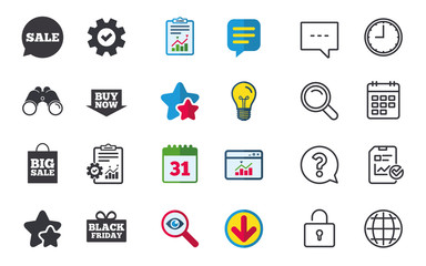 Sale speech bubble icons. Buy now arrow symbols. Black friday gift box signs. Big sale shopping bag. Chat, Report and Calendar signs. Stars, Statistics and Download icons. Question, Clock and Globe
