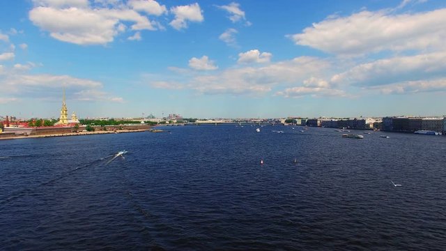Saint-Petersburg aerial view on river Neva at sunny day