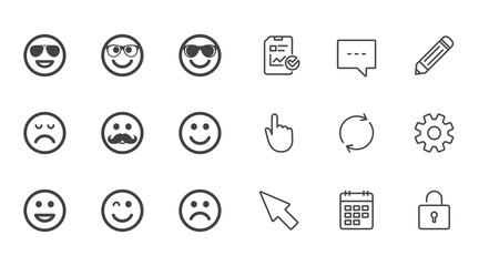 Smile icons. Happy, sad and wink faces signs. Sunglasses, mustache and laughing lol smiley symbols. Chat, Report and Calendar line signs. Service, Pencil and Locker icons. Click, Rotation and Cursor