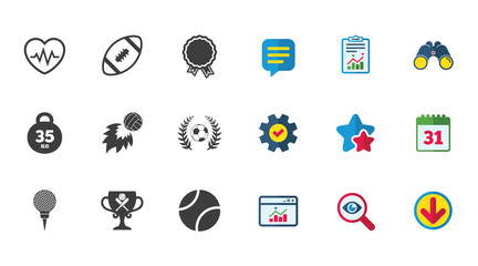 Sport games, fitness icons. Football, golf and baseball signs. Heartbeat, rugby and laurel wreath symbols. Calendar, Report and Download signs. Stars, Service and Search icons. Vector
