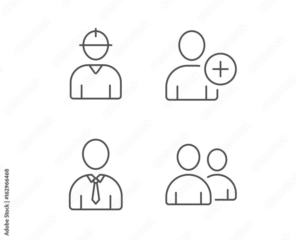 Poster users group, engineer and businessman line icons. add person symbol. quality design elements. editab