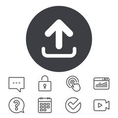 Upload sign icon. Load data symbol. Calendar, Locker and Speech bubble line signs. Video camera, Statistics and Question icons. Vector