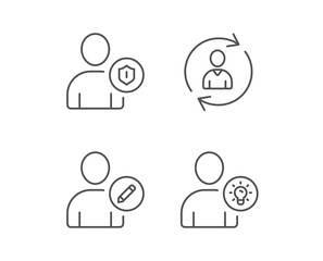 User, Edit profile and Security line icons. Businessman with idea symbols. Quality design elements. Editable stroke. Vector