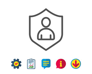 User Protection line icon. Profile Avatar with shield sign. Person silhouette symbol. Report, Service and Information line signs. Download, Speech bubble icons. Editable stroke. Vector