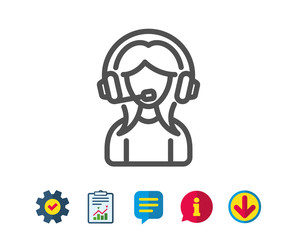 User Support line icon. Female Profile sign. Woman Person silhouette symbol. Report, Service and Information line signs. Download, Speech bubble icons. Editable stroke. Vector