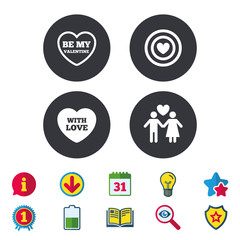Valentine day love icons. Target aim with heart symbol. Couple lovers sign. Calendar, Information and Download signs. Stars, Award and Book icons. Light bulb, Shield and Search. Vector