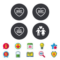 Valentine day love icons. Best girlfriend and boyfriend symbol. Couple lovers sign. Calendar, Information and Download signs. Stars, Award and Book icons. Light bulb, Shield and Search. Vector