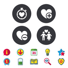 Valentine day love icons. Love heart timer symbol. Couple lovers sign. Add new love relationship. Calendar, Information and Download signs. Stars, Award and Book icons. Light bulb, Shield and Search