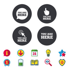 You are here icons. Info speech bubble symbol. Map pointer with your location sign. Hand cursor. Calendar, Information and Download signs. Stars, Award and Book icons. Light bulb, Shield and Search