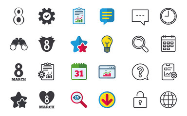 8 March Women's Day icons. Tulip or rose flower and heart sign symbols. Chat, Report and Calendar signs. Stars, Statistics and Download icons. Question, Clock and Globe. Vector