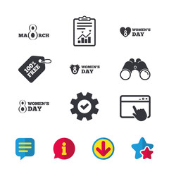 8 March Women's Day icons. Tulips or rose flowers bouquet and heart sign symbols. Browser window, Report and Service signs. Binoculars, Information and Download icons. Stars and Chat. Vector
