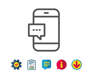 Smartphone Message icon. Cellphone or Phone messenger sign. Ð¡ommunication Mobile device with Chat symbol. Report, Service and Information line signs. Download, Speech bubble icons. Editable stroke