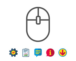 Obraz premium Ð¡omputer Mouse icon. Internet surf device sign. PC equipment symbol. Report, Service and Information line signs. Download, Speech bubble icons. Editable stroke. Vector