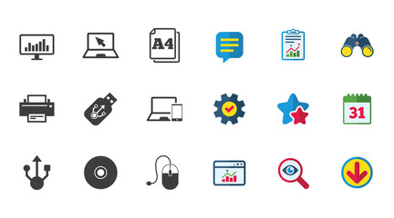 Computer devices icons. Printer, laptop signs. Smartphone, monitor and usb symbols. Calendar, Report and Download signs. Stars, Service and Search icons. Statistics, Binoculars and Chat. Vector