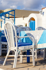 White and blue colors of traditional Greek tavern. Crete Island, Greece
