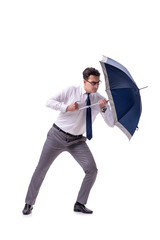 Young businessman with umbrella isolated on white