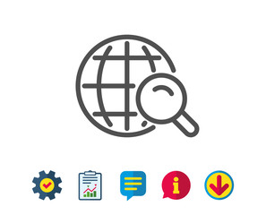 Global Search line icon. World or Globe sign. Website search engine symbol. Report, Service and Information line signs. Download, Speech bubble icons. Editable stroke. Vector