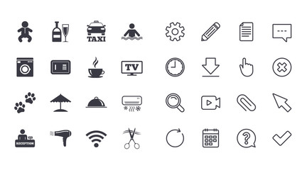 Set of Hotel services icons. Taxi, Wifi internet and Swimming pool signs. Coffee, Wine bottle and Air conditioning symbols. Calendar, Document and Download line signs. Pencil, Service and Search icons