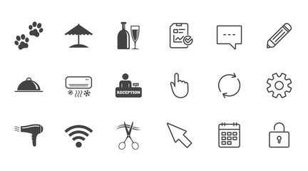 Hotel, apartment services icons. Wifi internet sign. Pets allowed, alcohol and air conditioning symbols. Chat, Report and Calendar line signs. Service, Pencil and Locker icons. Vector