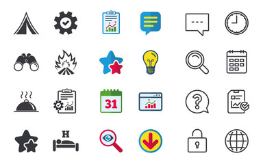 Hot food, sleep, camping tent and fire icons. Hotel or bed and breakfast. Road signs. Chat, Report and Calendar signs. Stars, Statistics and Download icons. Question, Clock and Globe. Vector